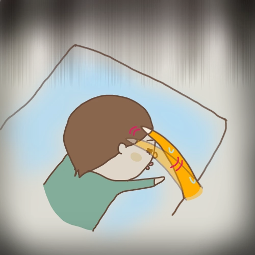 眠ったかずの頭を撫でる母